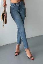 Mom Fit Kar Yıkama Bıyık Detaylı Jeans Pantolon D2006 Mavi (Beden: 40) - Görsel 2