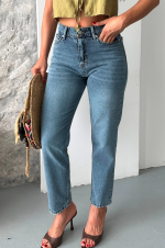 Mom Fit Kar Yıkama Bıyık Detaylı Jeans Pantolon D2006 Mavi (Beden: 40) - Görsel 6
