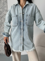 Cepli Püsküllü Kar Yıkama Kot Ceket Mavi D2515 (Beden: 40) - Görsel 5