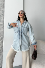 Cepli Püsküllü Kar Yıkama Kot Ceket Mavi D2515 (Beden: 40)