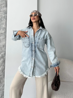 Cepli Püsküllü Kar Yıkama Kot Ceket Mavi D2515 (Beden: 40)