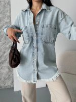 Cepli Püsküllü Kar Yıkama Kot Ceket Mavi D2515 (Beden: 40) - Görsel 6