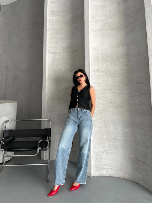 Palazzo Straight Kar Yıkama Jeans Pantolon Mavi D2008 (Beden: 38)