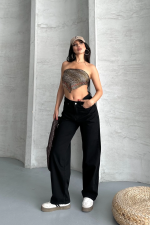 Palazzo Straight Enzim Süper Taş Yıkama Jeans Pantolon Siyah D2008 (Beden: 38)