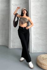 Palazzo Straight Enzim Süper Taş Yıkama Jeans Pantolon Siyah D2008 (Beden: 38) - Görsel 5