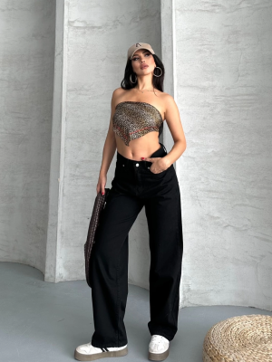 Palazzo Straight Enzim Süper Taş Yıkama Jeans Pantolon Siyah D2008 (Beden: 40)