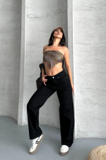 Palazzo Straight Enzim Süper Taş Yıkama Jeans Pantolon Siyah D2008 (Beden: 40) - Görsel 4