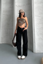 Palazzo Straight Enzim Süper Taş Yıkama Jeans Pantolon Siyah D2008 (Beden: 42) - Görsel 6