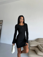 Prenses Kol Esnek Kumaş Elbise Siyah F2334 (Beden: M) - Görsel 2