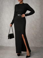 Yırtmaçlı Jakarlı Uzun Elbise Siyah A3793 (Beden: S)