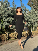 V Yaka Uzun Kollu Midi Boy Elbise Siyah A3154 (Beden: Standart)