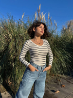 V Yaka Çizgili Bluz Beyaz A3699 (Beden: S) - Görsel 2