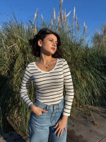 V Yaka Çizgili Bluz Beyaz A3699 (Beden: S) - Görsel 3