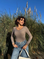 V Yaka Çizgili Bluz Bej A3699 (Beden: M) - Görsel 2