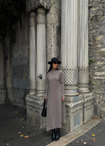 Boğazlı Kalın Bürümcük Uzun Elbise Vizon (Beden: S)