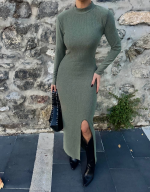 Yırtmaçlı Kalın Bürümcük Uzun Elbise Yeşil (Beden: S) - Görsel 3