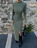 Yırtmaçlı Kalın Bürümcük Uzun Elbise Yeşil (Beden: S) - Görsel 5