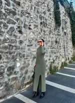 Yırtmaçlı Kalın Bürümcük Uzun Elbise Yeşil (Beden: S) - Görsel 2