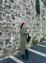 Yırtmaçlı Kalın Bürümcük Uzun Elbise Yeşil (Beden: M) - Görsel 4