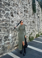 Yırtmaçlı Kalın Bürümcük Uzun Elbise Yeşil (Beden: L)