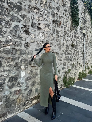 Yırtmaçlı Kalın Bürümcük Uzun Elbise Yeşil (Beden: L)