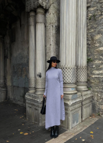 Boğazlı Kalın Bürümcük Uzun Elbise Gri (Beden: L)