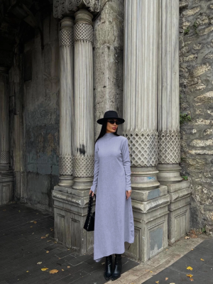 Boğazlı Kalın Bürümcük Uzun Elbise Gri (Beden: L)