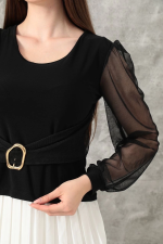 Tokalı Tül Kollu Bluz Siyah T4071 (Beden: S) - Görsel 3