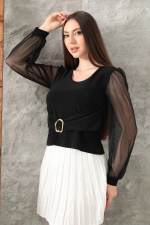 Tokalı Tül Kollu Bluz Siyah T4071 (Beden: M) - Görsel 2