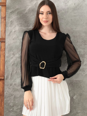 Tokalı Tül Kollu Bluz Siyah T4071 (Beden: L)