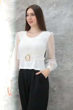 Tokalı Tül Kollu Bluz Beyaz T4071 (Beden: S) - Görsel 2