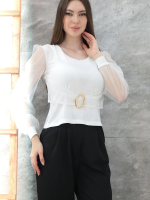 Tokalı Tül Kollu Bluz Beyaz T4071 (Beden: M)