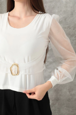Tokalı Tül Kollu Bluz Beyaz T4071 (Beden: Xl) - Görsel 3