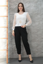 Tokalı Tül Kollu Bluz Beyaz T4071 (Beden: Xl) - Görsel 4