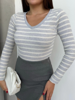 V Yaka Çizgili Bluz Gri A3699 (Beden: S)