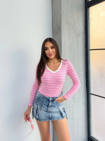 V Yaka Çizgili Bluz Pembe A3699 (Beden: S)