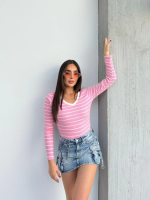 V Yaka Çizgili Bluz Pembe A3699 (Beden: S) - Görsel 3