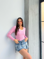 V Yaka Çizgili Bluz Pembe A3699 (Beden: M) - Görsel 2