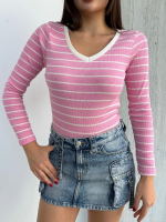 V Yaka Çizgili Bluz Pembe A3699 (Beden: L) - Görsel 6