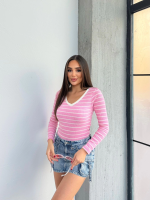 V Yaka Çizgili Bluz Pembe A3699 (Beden: L) - Görsel 4