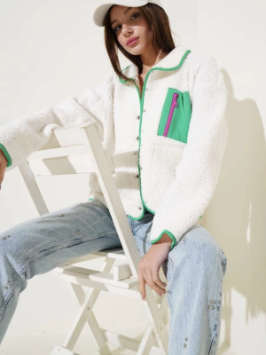 Yeşil Fermuar Cepli Kuzu Mont Beyaz T1085 (Beden: M)