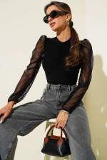 Dik Yaka Tül Kollu Bluz Siyah T3066 (Beden: S) - Görsel 4