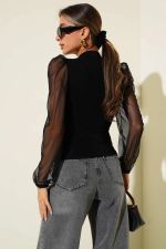 Dik Yaka Tül Kollu Bluz Siyah T3066 (Beden: S) - Görsel 2