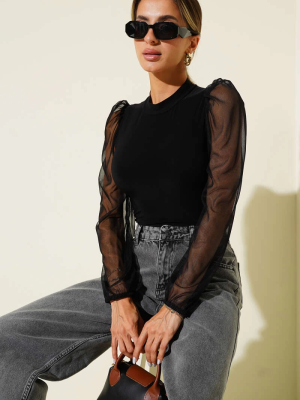 Dik Yaka Tül Kollu Bluz Siyah T3066 (Beden: S)