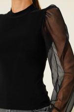 Dik Yaka Tül Kollu Bluz Siyah T3066 (Beden: S) - Görsel 5