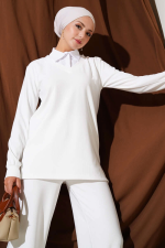 Gömlek Yaka Fitilli Salaş İkili Takım Beyaz T4300 (Beden: L) - Görsel 4