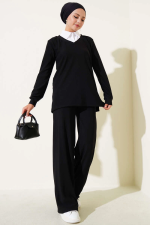 Gömlek Yaka Fitilli Salaş İkili Takım Siyah T4300 (Beden: S)