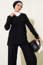 Gömlek Yaka Fitilli Salaş İkili Takım Siyah T4300 (Beden: M) - Görsel 4
