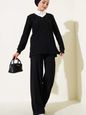 Gömlek Yaka Fitilli Salaş İkili Takım Siyah T4300 (Beden: L)