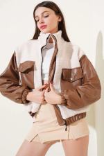 Deri Garnili Cepli Peluş Mont Taba T1253 (Beden: M) - Görsel 3